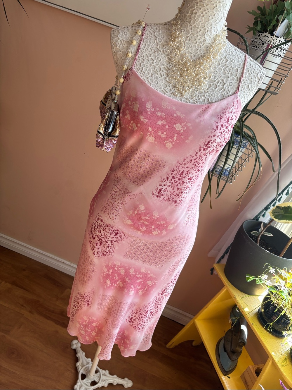 Vintage Pink Floral Slip Dress with Spaghetti Straps - Picture 4 of 15